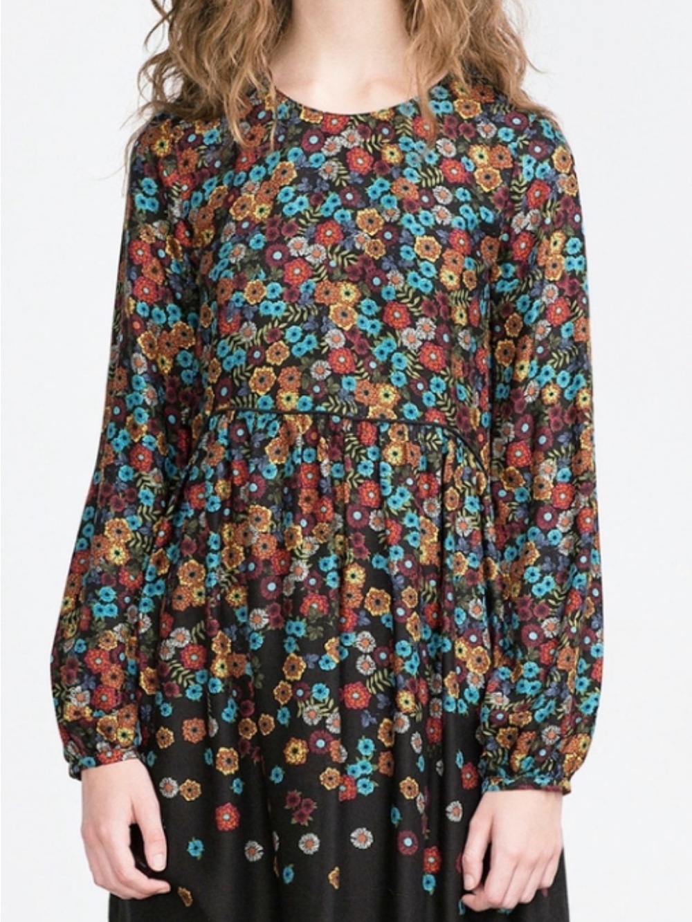Zara| Boho Black Floral Long Sleeve Dress with Turquoise & Mustard Accents Sz M